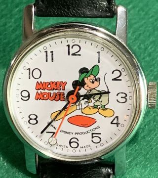 Vintage Walt Disney Mickey Mouse Baseball Swiss Wind Up Watch 023s