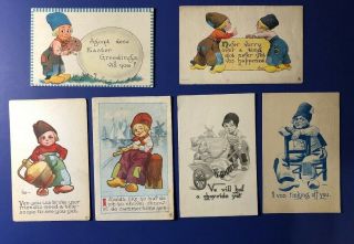 6 Dutch Children Antique Postcards 1900s.  Artist Signed: Wall.  Collector Items.