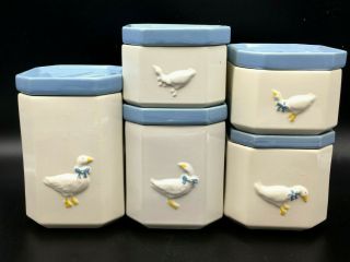 Vintage Duck Goose Neck Ribbons Kitchen Canister Set Blue Lids 5 Geese Canisters