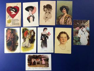 10 Ladies Antique Postcards 1900s,  Artist Signed.  Collector Items.  W Value