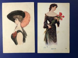 10 Ladies Antique Postcards 1900s,  Artist Signed.  Collector Items.  w Value 2