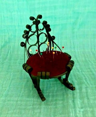 Vintage Pin Cushion Tin Rocking Chair Hand Crafted Tramp Art Ornate