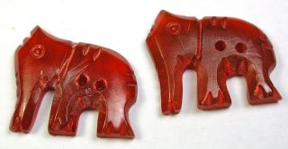 2 Vintage Hand Carved Red Horn Button Realistic Elephant Design - 1 & 3/16 "
