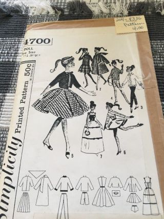 Vtg Pattern Simplicity 4700 Doll Clothes 11 1/2”barbie