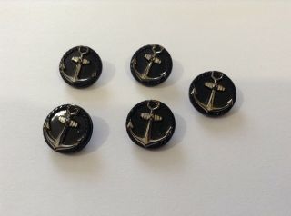 Set Of 5 Navy Blue & Silver Lustre Anchor Patterned Old/vintage Glass Buttons.