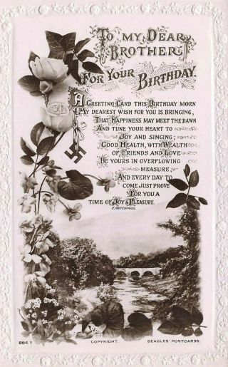 Greetings Postcard: Swastika & Brother Birthday Theme
