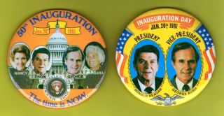 Ronald Reagan / George Bush - Two 1981 Inauguration Buttons / Pins - 3 - 1/2 "