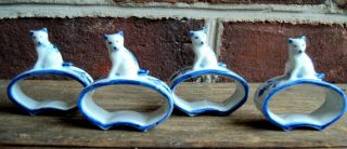 Blue & White Cat Kitten Floral Porcelain Napkin Rings Thailand Set Of 4
