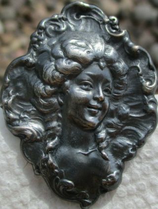 1940s French Art Nouveau Lady Unique Shape Vintage Antique Metal Picture Button