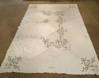 Vintage Linen Beige Rectangular Battenburg Tablecloth 100 " X 66 " W/ Napkins