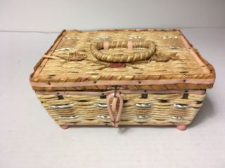 Vintage Woven Rattan Wicker Sewing Basket Pink Satin Lining Made In Japan