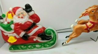 Vintage 1970 Empire Plastic Santa In Sleigh With Reindeer Blowmold