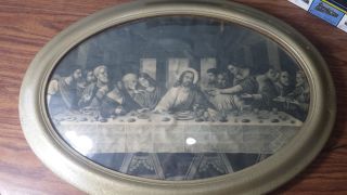 Vintage Last Supper Jesus Christ Apostles Convex Bubble Glass Oval Picture Frame