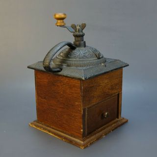 Ornate Cast Iron Top/wood Housing Coffee Grinder With Drawer