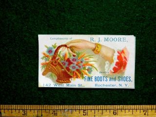 1870s - 80s R.  J.  Moore Fine Boots & Shoes Flowers Ladies Hand Trade Card F14