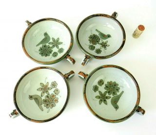 Vintage Ken Edwards El Palomar Mexico Pottery Bowls 2 Handle Green Bird Pattern