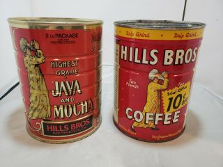 Two Vintage Hills Bros 2 Pound Metal Coffee Cans