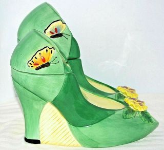 High Heeled Shoes Ceramic Cookie Jar Green & Yellow,  Pansy & Butterfly Accents