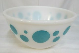 Retro Hazel Atlas Milk Glass Blue Teal Turquoise Polka Dot Mixing Bowl 1 Qt