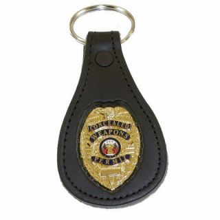 Gold Concealed Weapons Permit Badge Leather Key Fob Keychain Keyring Quality