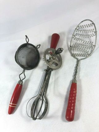Vintage Red Handle Kitchen Utensils 3 Pc Strainer Beater Whisk