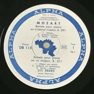 ALPHA DB 115 LP LILI KRAUS MOZART PIANO SONATAS EX, 3