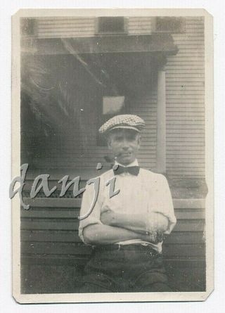 Studly Young Man With Folded Arms In Scally Cap Smoking A Pipe Old Photo