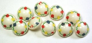 Set Of 10 Vintage Glass Buttons W/ Colorful Painted Accents - 1/2 "