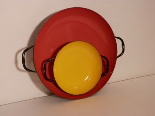 Enamel Pans Set Of 2 Poland Bright Colors Red 9.  75 " & Yellow 6 Inch Handles