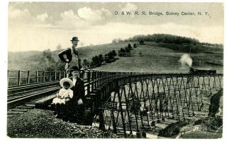 Sidney Center Ny - O&w Railroad Bridge & Train - Postcard Catskills