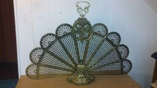 Vintage Brass Cameo Fireplace Screen Folding Fan Ornate Peacock Style