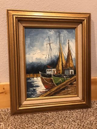 Vintage Mid Century Modern Art Oil Painting Seascape Boat Wharf Signed