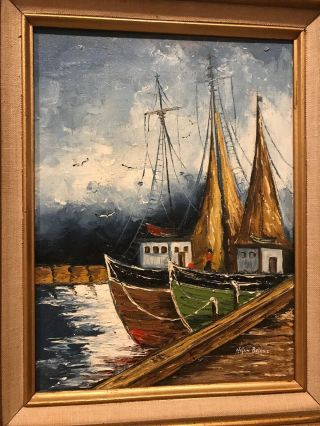Vintage Mid Century Modern Art Oil Painting Seascape Boat Wharf Signed 2