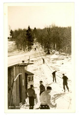 Old Forge Ny - Tow Rope Up Ski Mountain - Rppc Postcard Adirondacks Fulton Chain