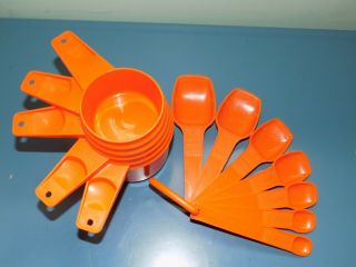 Vintage Tupperware Orange 5pc Measuring Cup Set&7pc Measuring Spoon Set W/holder