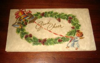 Vtg 1950s Christmas Card Angel Ringing Bells Parchment