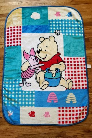 Vintage Winnie The Pooh And Piglet Disney Plush Fleece Baby Crib Blanket So Soft