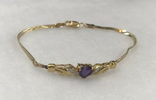 Vintage 14k 14 Karat Italy Yellow Gold Purple Heart Bracelet 6 1/2 Inches Long