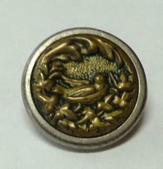 Small Vintage Metal Picture Button,  Bird On Nest