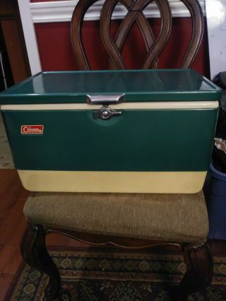 Vintage Large Coleman Metal Cooler Ice Chest Box Green W/bottle Openers And Tray