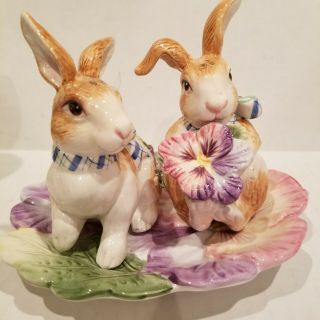Fitz & Floyd Halcyon Bunny Rabbits Salt & Pepper Shakers With Tray
