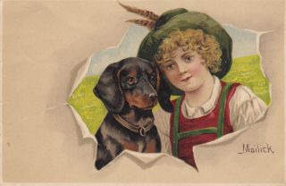 Dackel Teckel Dachshund Girl Mailick Old Dog Pc.  1905