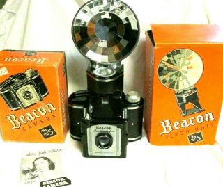 Vintage 1950s Beacon Two Twenty Five Camera W/ Flash & Boxes & Film Inside On 5