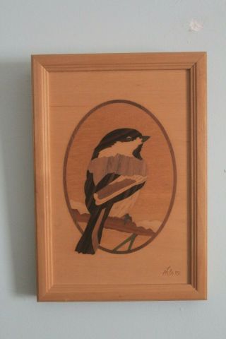Hudson River Wood Inlay Marquetry " Chickadee " Framed Picture 5,  By Jeff Nelson