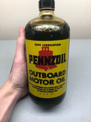 Vintage Full Pennzoil Outboard Motor Oil 1 Quart Can Glass Boat