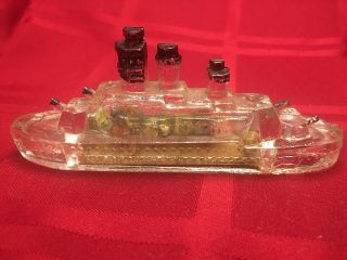 Antique Glass Miniature Battleship Figure Candy Container Label&candy
