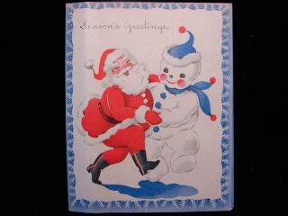 Vintage " The Santa And Snowman Dance " Christmas Greeting Card