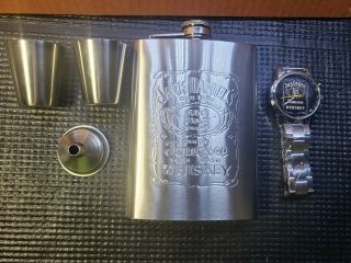 Jack Daniels Gift Set With Hip Flask 2 Shot Cups,  Funnel And Jd Watch