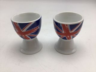 Vintage Egg Cup Pair Ceramic British Flag Union Jack Red White Blue Pottery 2.  5 "