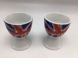 Vintage Egg Cup Pair Ceramic British Flag Union Jack Red White Blue Pottery 2.  5 